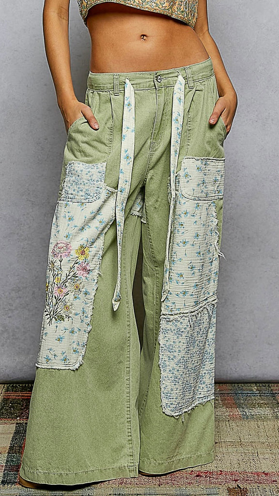 Patchwork Cotton Wide Leg Pants