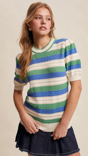 Stripe Pointelle Knit Puff Slv Sweater