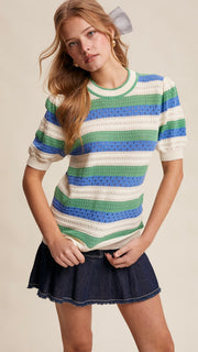 Stripe Pointelle Knit Puff Slv Sweater
