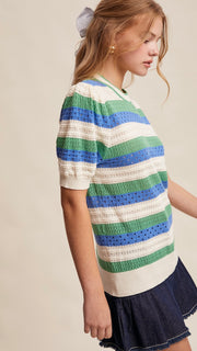 Stripe Pointelle Knit Puff Slv Sweater