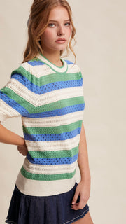 Stripe Pointelle Knit Puff Slv Sweater