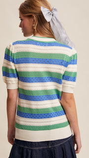 Stripe Pointelle Knit Puff Slv Sweater