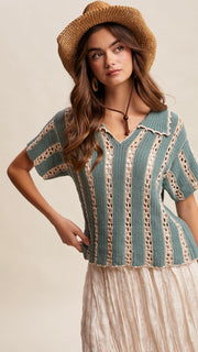Cotton Crochet S/S Top w/Collar