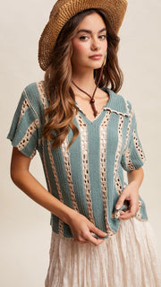 Cotton Crochet S/S Top w/Collar