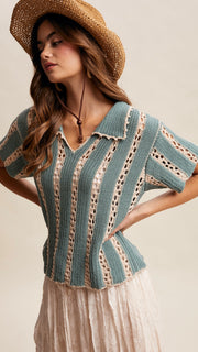 Cotton Crochet S/S Top w/Collar