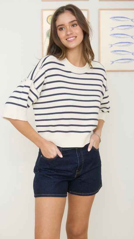 Stripe Raw Seam S/Slv Sweater
