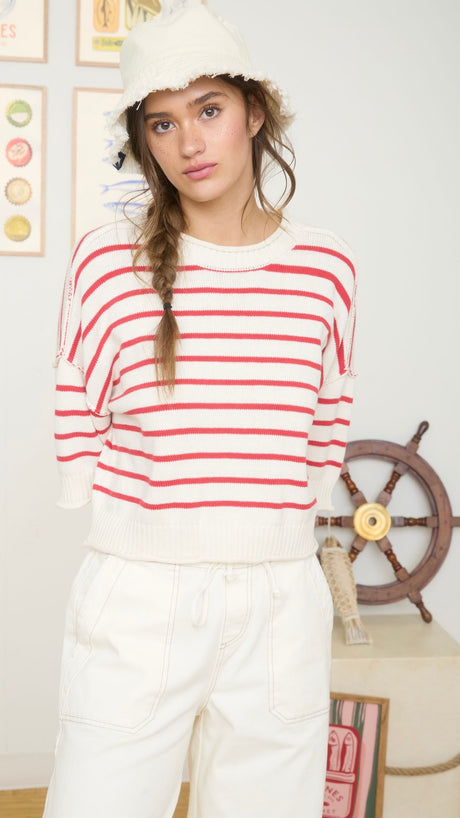Stripe Raw Seam S/Slv Sweater