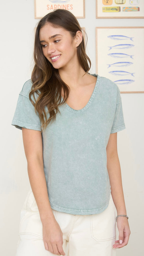 Washed Scoop Neck Raw Edge Tee
