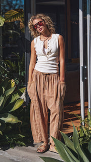 Cotton Stripe Harem Pants w/Pockets