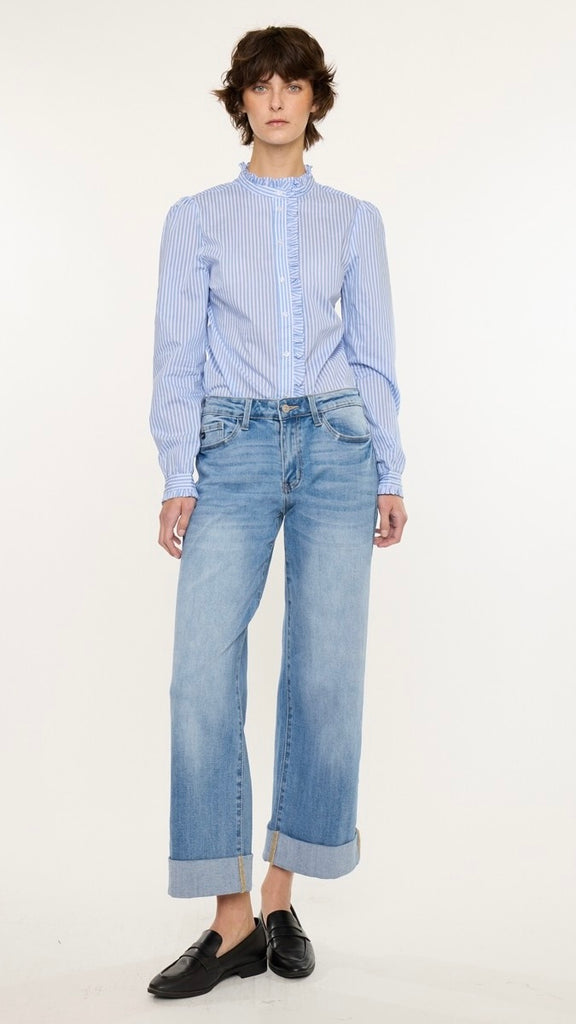 Mid Rise Cuff Wide Leg Stretch Jean