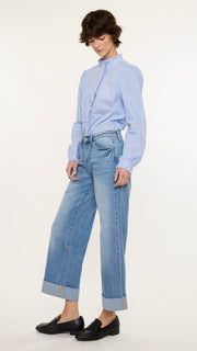 Mid Rise Cuff Wide Leg Stretch Jean