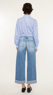 Mid Rise Cuff Wide Leg Stretch Jean