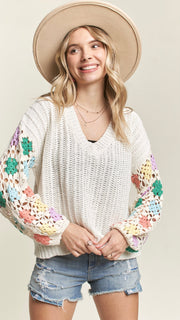 Crochet Sleeve V-Neck Spring Sweater
