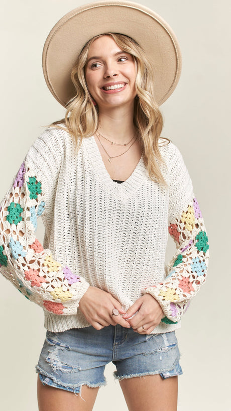 Crochet Sleeve V-Neck Spring Sweater