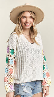 Crochet Sleeve V-Neck Spring Sweater