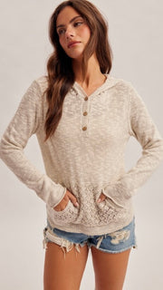 Crochet Back Hooded Henley Sweater