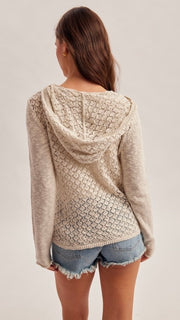 Crochet Back Hooded Henley Sweater