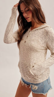 Crochet Back Hooded Henley Sweater
