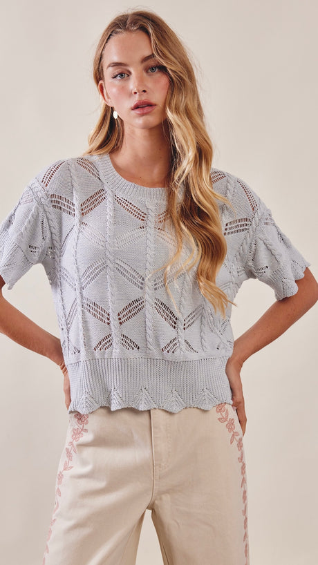 Scallop Pointelle Cotton Short Slv Sweater