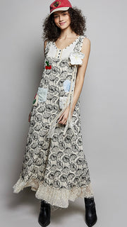 Cotton Floral Lace Hem Slouch Overalls