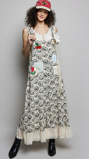 Cotton Floral Lace Hem Slouch Overalls