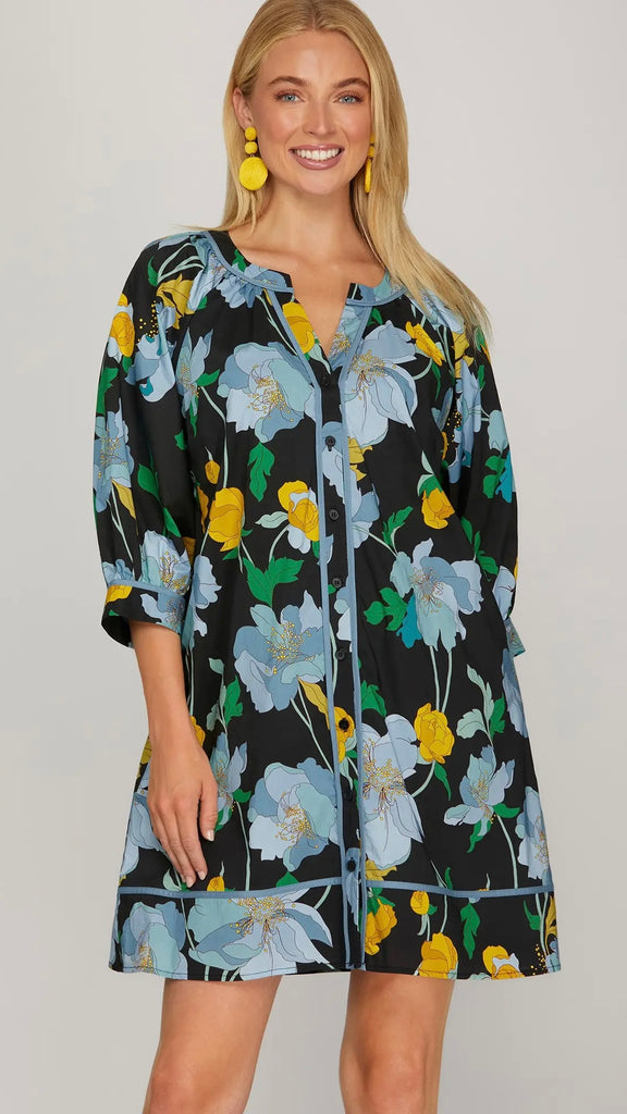 Floral Button Front 3/4 Slv Dress