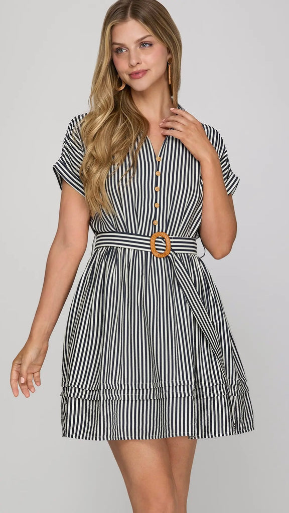 Striped Pleat Hem Dress with Belt