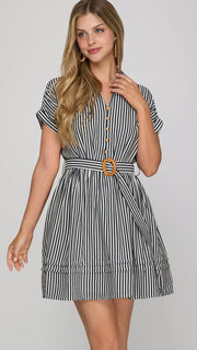Striped Pleat Hem Dress with Belt
