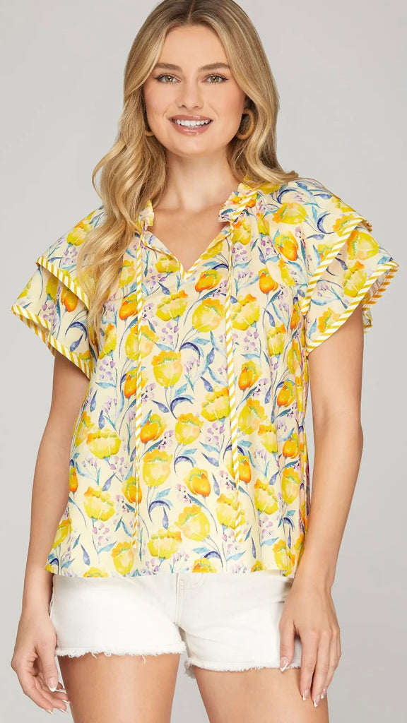 Tulip Floral Flutter Sleeve Top