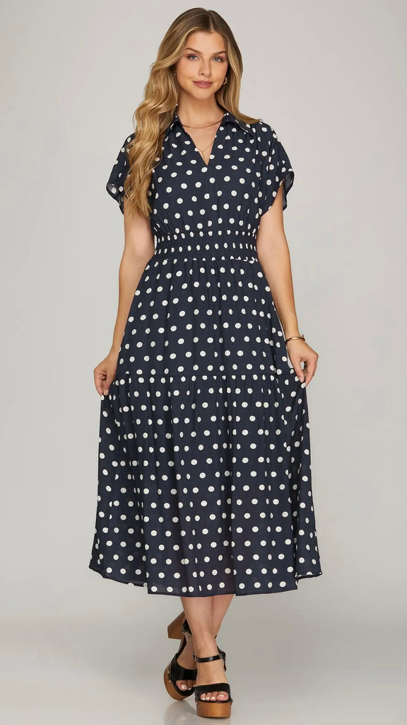 Polka Dot Smocked Waist Midi Dress