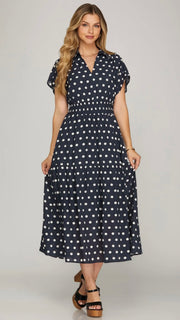 Polka Dot Smocked Waist Midi Dress