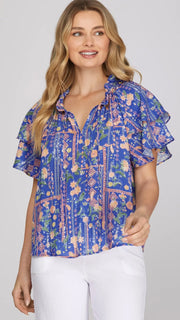 Floral+Paisley Double Flutter Slv Top