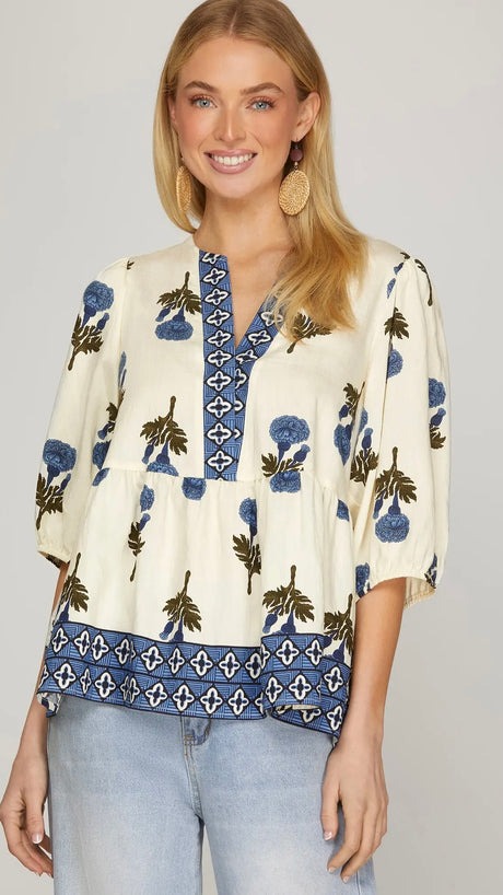 Flower+Stem Half Slv Peplum Top