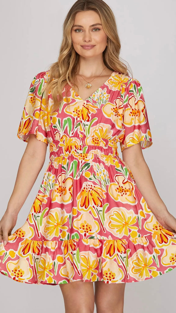 Big Floral Smocked Waist Dress