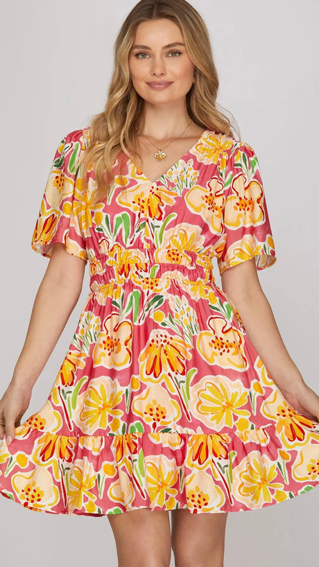 Big Floral Smocked Waist Dress