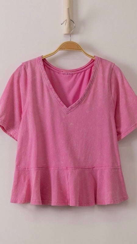 Crochet Trim V-Neck Peplum Knit Top