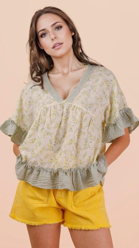Floral Stripe Ruffle Babydoll Top