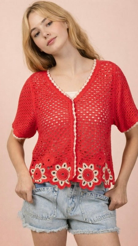 Open Crochet Flower Hem Sweater
