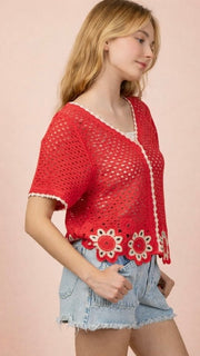 Open Crochet Flower Hem Sweater
