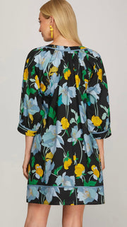 Floral Button Front 3/4 Slv Dress