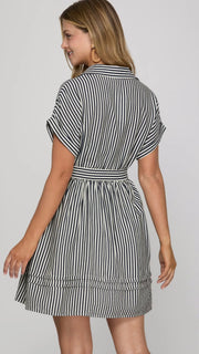 Striped Pleat Hem Dress with Belt