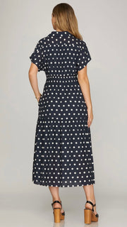 Polka Dot Smocked Waist Midi Dress