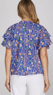 Floral+Paisley Double Flutter Slv Top