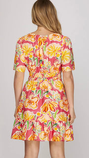 Big Floral Smocked Waist Dress