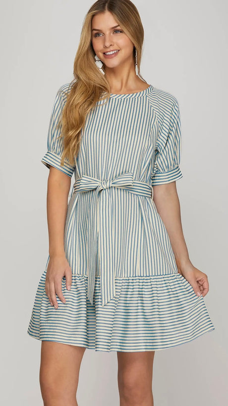 Pinstripe Short Slv Dress w/Pockets