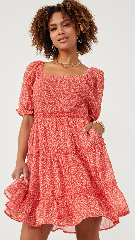 Square Neck Floral Smocked Bodice Dress