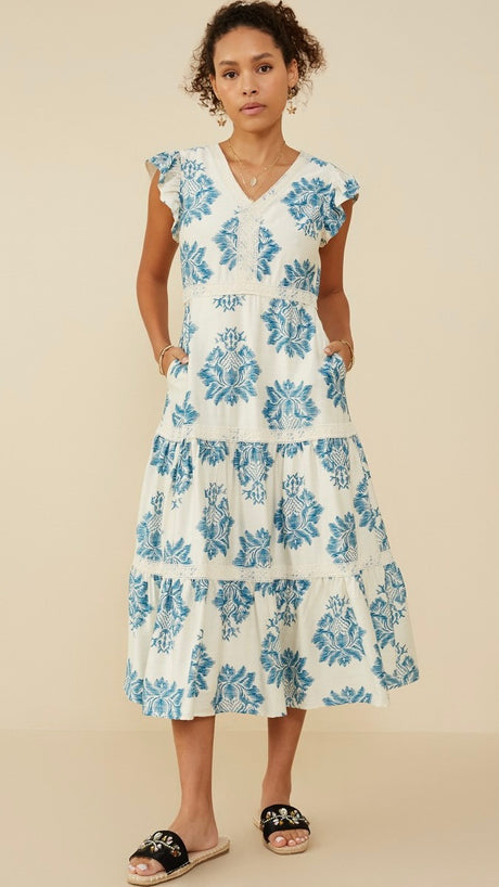 Damask Print Lace Trim Midi Dress