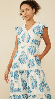 Damask Print Lace Trim Midi Dress