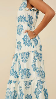 Damask Print Lace Trim Midi Dress