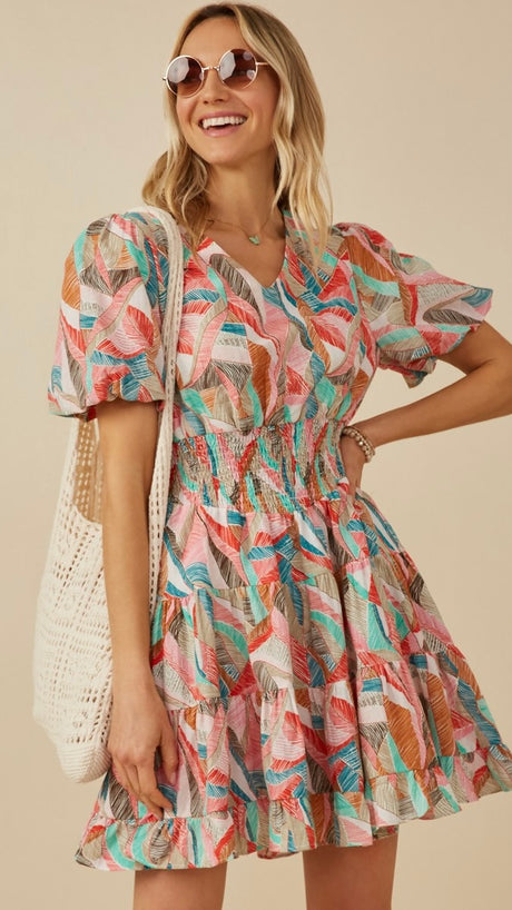 Modern Botanical Print Puff Slv Dress